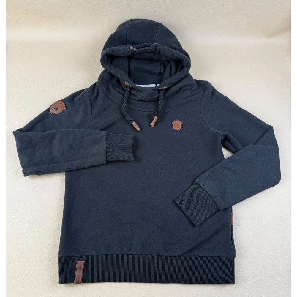 Naketano‎ Large Hoodie Cowl Neck Navy Cotton Blend Faux Leather Patch